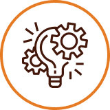 Icône d'une ampoule combinée à des engrenages, illustrant l'innovation et la créativité.