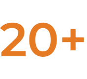 Icône avec le texte "20+" en orange, représentant plus de 20 ans d'expérience.